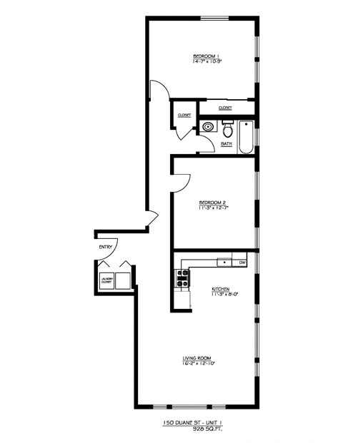 Floor plan for 2 beds, 1 bath, 1000 sqft